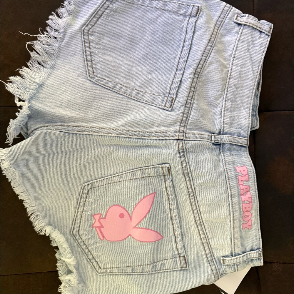 PLAYBOY Women's Light Wash Denim Shorts with Pink Logo